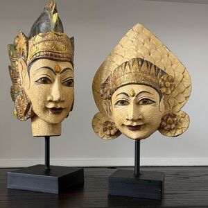 Rama and Sita, Balinese Carved Wooden Heads on Stands, Pair